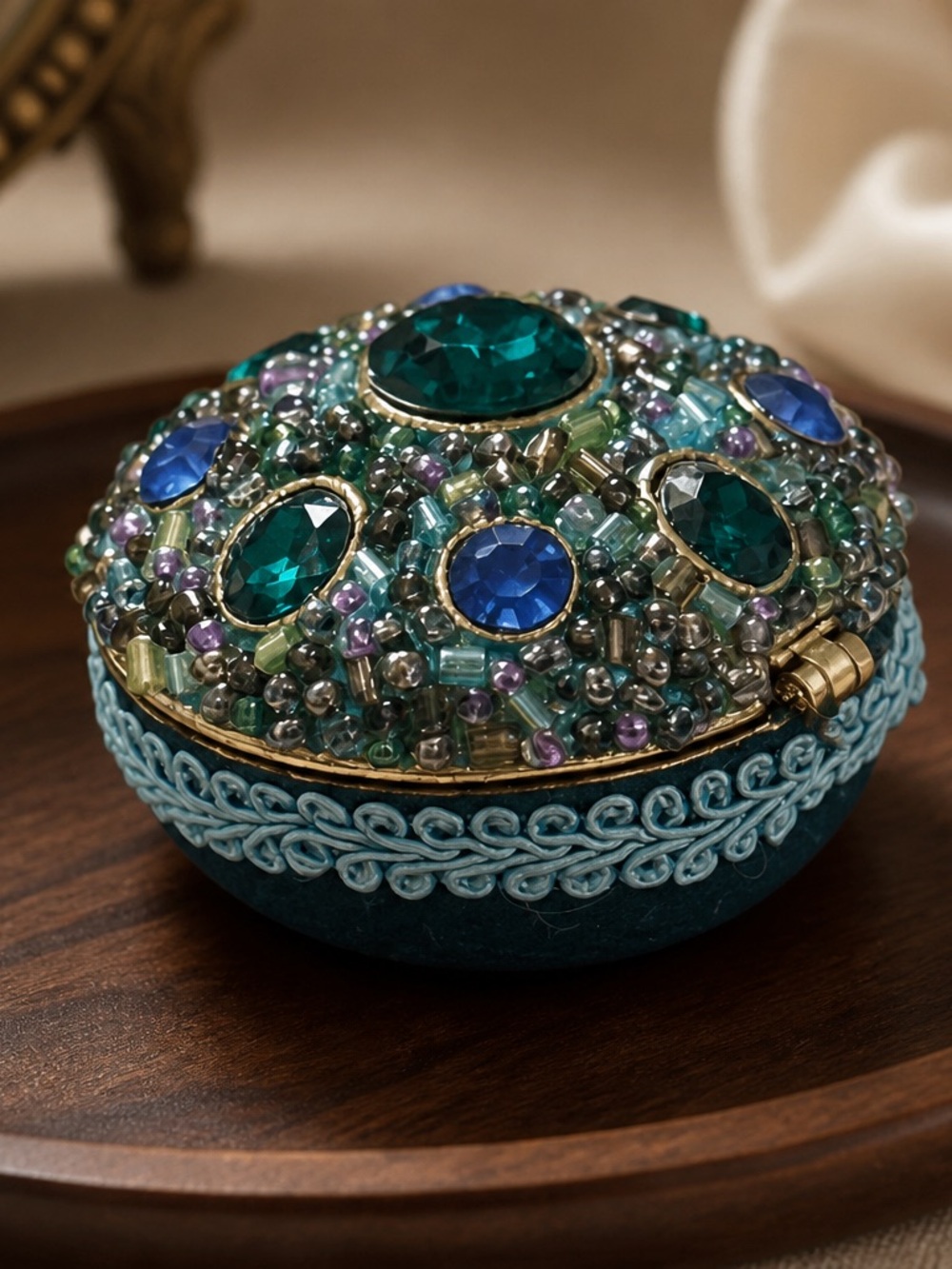 Vintage Jeweled Rhinestone Pillbox Trinket Box - Green Blue Cabochons